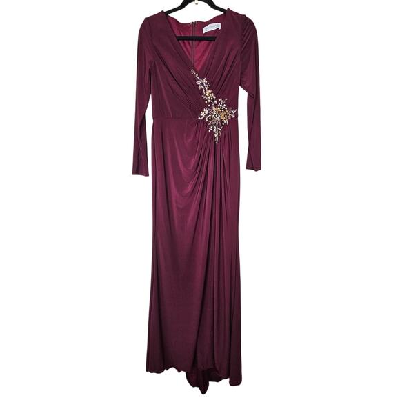 NEW Mac Duggal 6 67848 Long Sleeve Faux Wrap Dress Maxi Formal Beaded Burgundy - Picture 2 of 7
